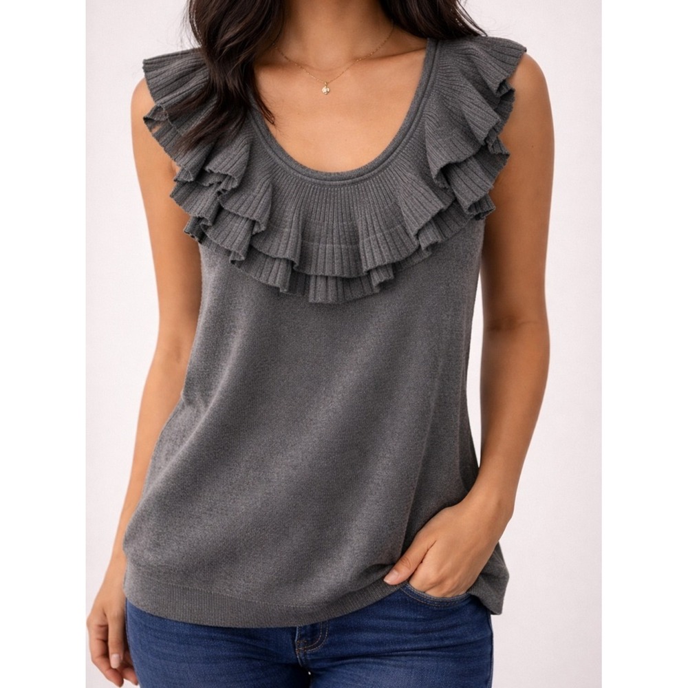 Truth by Republic Charcoal Gray Ruffle Neck‎ Sleeveless Knit Top L
